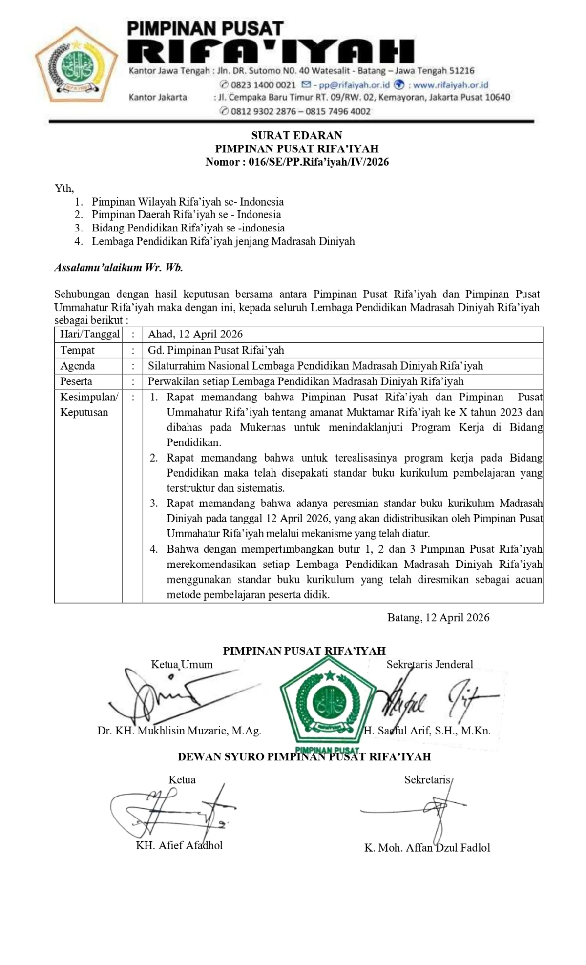 PP Rifa’iyah Terbitkan Surat Edaran: Kurikulum Madrasah Diniah 2026 Jadi Acuan Nasional
