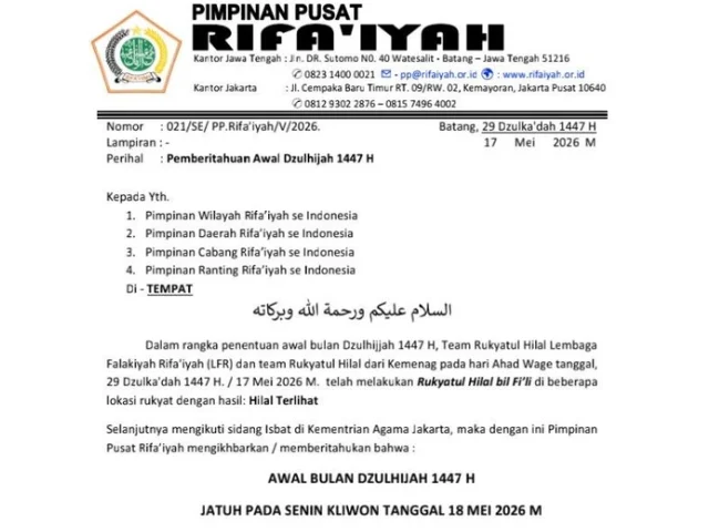 PP Rifa’iyah Tetapkan 1 Dzulhijjah 1447 H Jatuh pada 18 Mei 2026