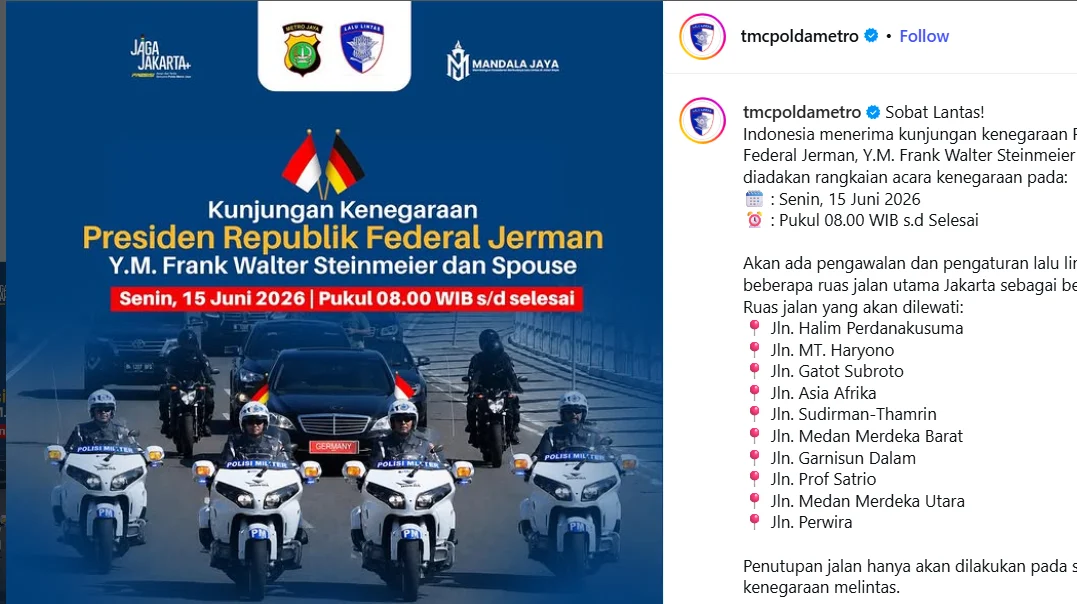 Ada Kunjungan Presiden Jerman, 10 Ruas Jalan di Jakarta Bakal Ditutup
